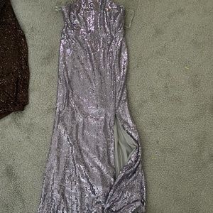 Formal light purple/gray sparkly dress with a leg slit